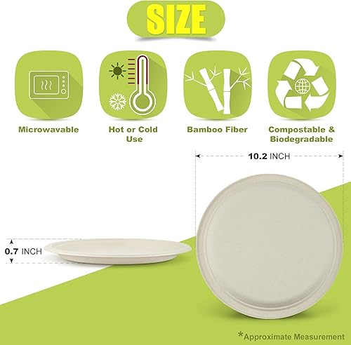 Miniatura 6 de Green Earth, Platos compostables de 10 pulgadas, 125 unidades, fibras de bambú naturales, vajilla diaria - biodegradable - forma redonda desechable