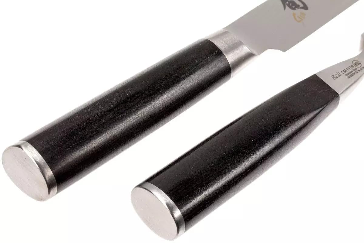 Shun KAI Classic japanisches Tranchier Set - Tranchiermesser 20 cm Klingenlänge Damast 32 Lagen VG MAX Kern - 61 (±1) HRC - Tranchiergabel 16,5 cm Zinken Edelstahl - Pakkaholzgriff schwarz