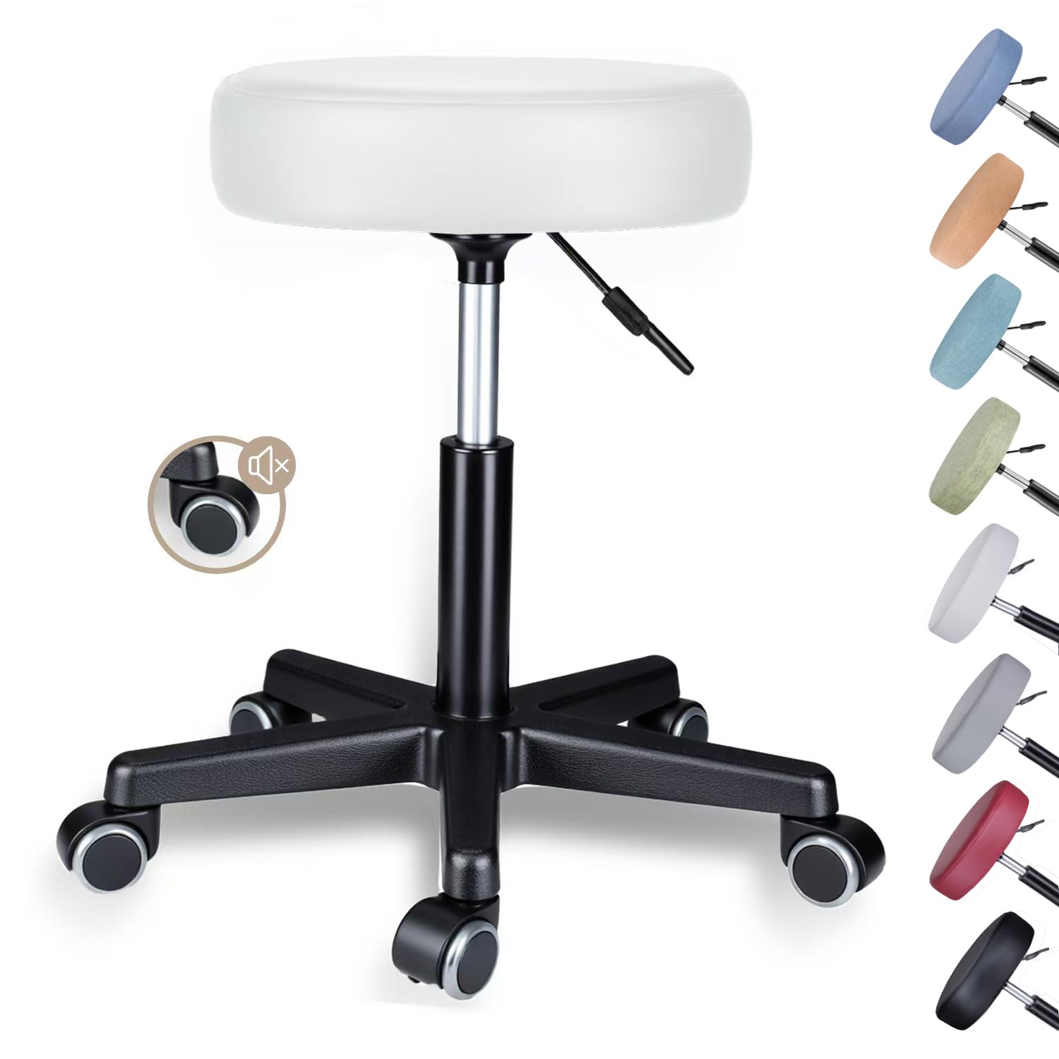 Zedelmaier Rollhocker höhenverstellbar, Bürohocker mit Gummirollen, 360° drehbar Hocker mit Rollen & 10 cm Polsterung, Sitzhocker Werkstatt, Drehhocker ergonomisch, Sitzhöhe 44–58 cm, Weiß