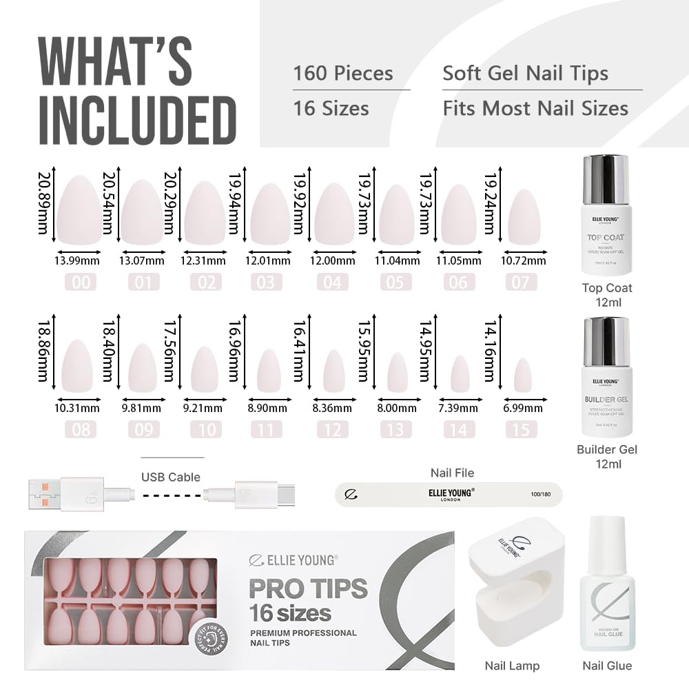 PROTIPS - Kit di 150 unghie a pressione in tinta unita per unghie corte, mandorle di 15 dimensioni, in morbido gel, extension per unghie finte, kit per manicure fai da te, per donne