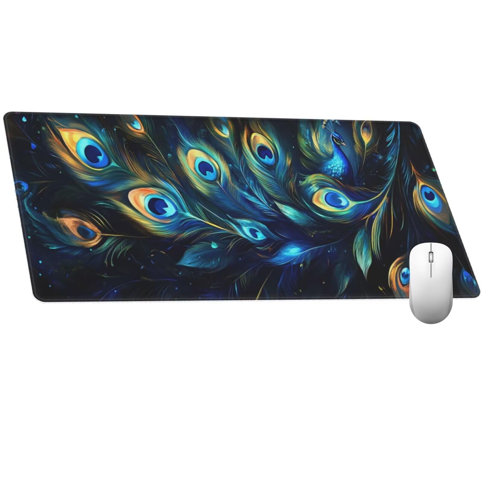 Podkładka pod mysz XXL z piórami, 100 x 50 x 0 cm, paw, duża podkładka pod mysz z przeszytymi krawędziami, wodoodporna podkładka pod mysz, podkładka pod mysz, podkładka pod mysz, akcesoria komputerowe