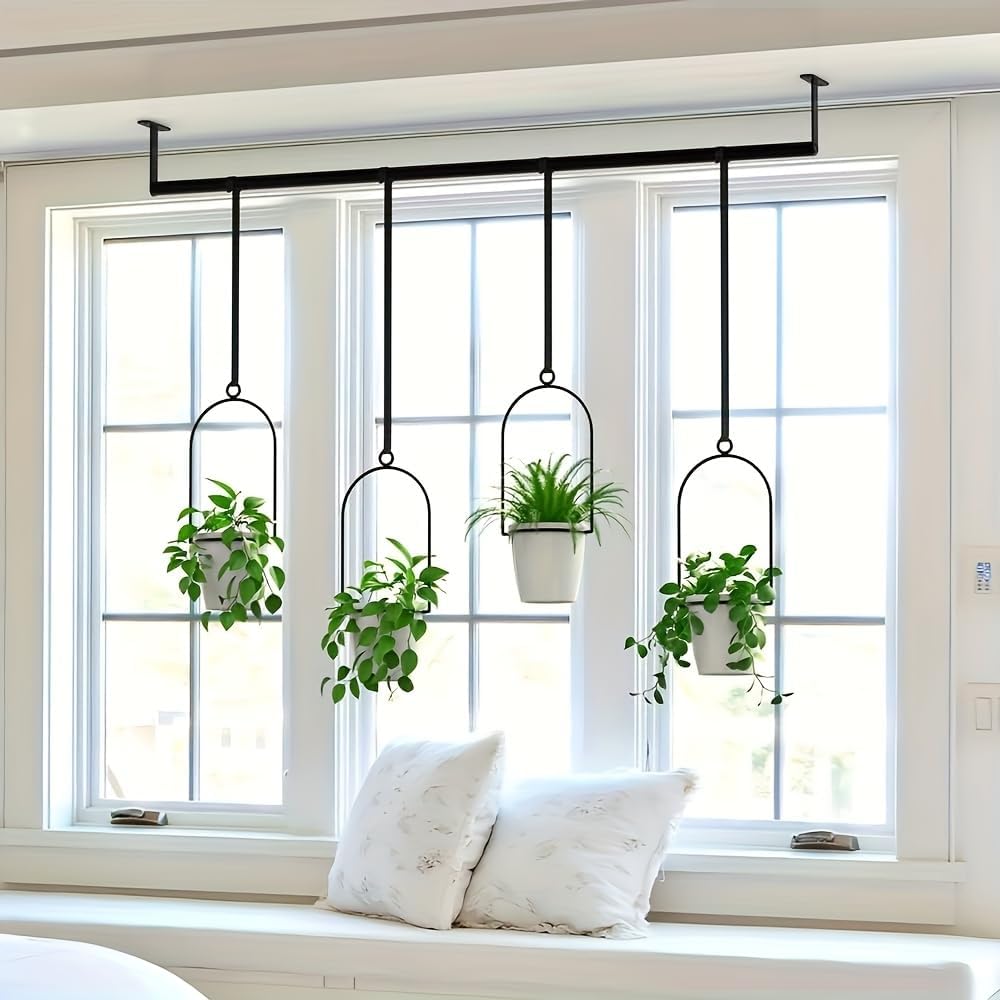 Metal Adjustable Hanging Flower Pots Set with 4 Plastic Pots, Indoor and Outdoor Wall Plant Hanger with Nylon Rope for Windows and Ceiling Herb Garden, 41.4-48 Inches, White and Black