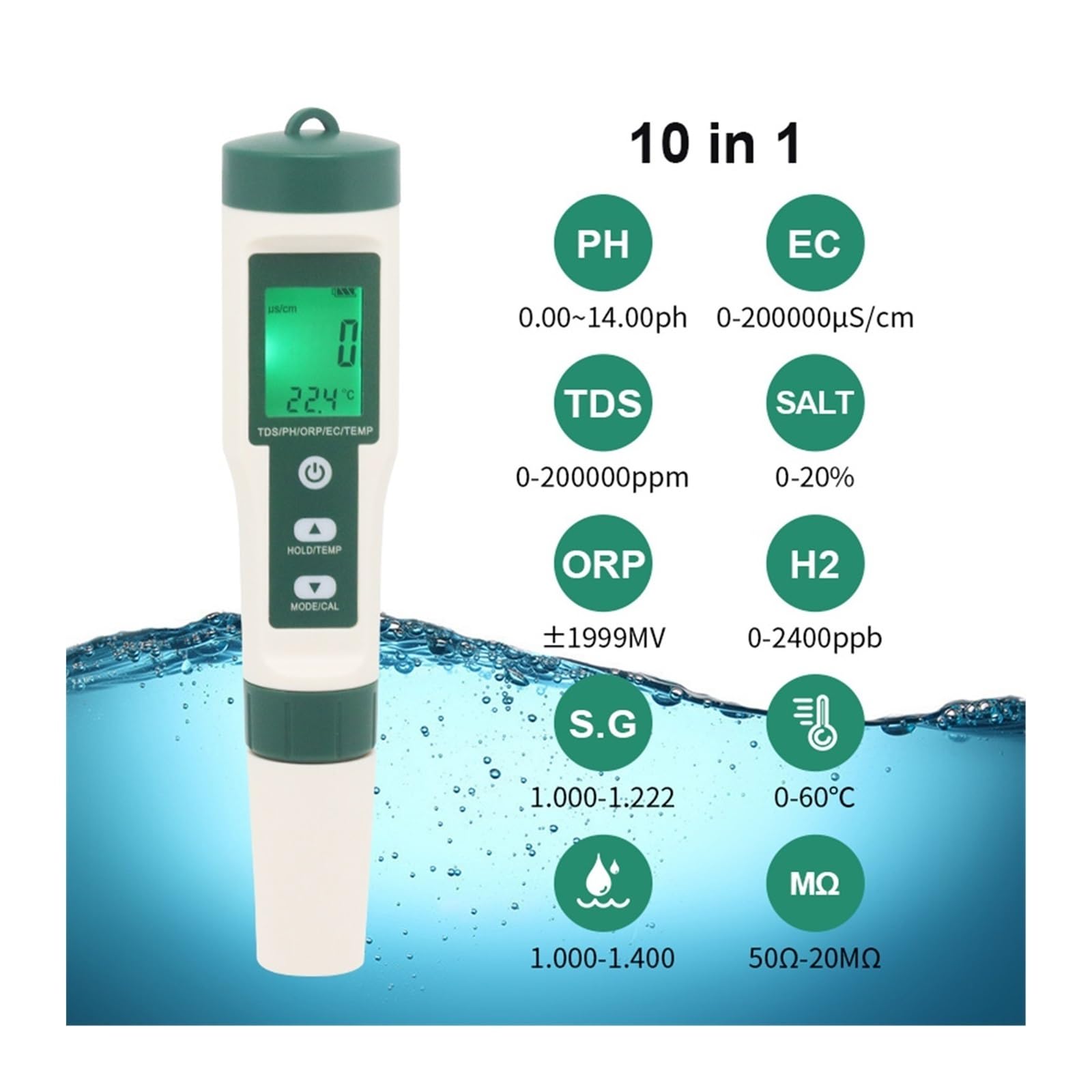 Kit per l'analisi dell'Acqua, 10 in 1 PH/TDS/EC/SALE/TEMP/SG/ORP/H2/Fertile/Resistività Tester di monitoraggio della qualità Acqua for Piscine, Potabile, acquari