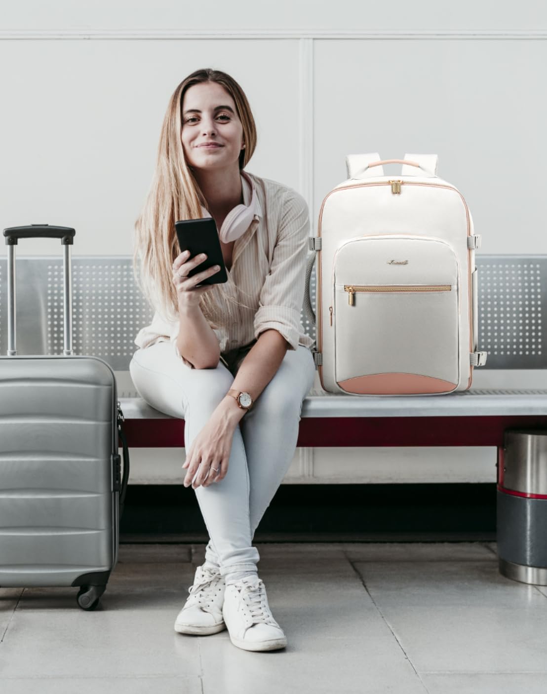 LOVEVOOK Travel Backpack for Women & Men 50L,Airline Approved Carry On Backpack Travel Essentials,TSA Carry on Luggage,Waterproof Personal Item Travel Bag,Suitcase with 3 Packing Cubes,Light gray-Pink - Image 7