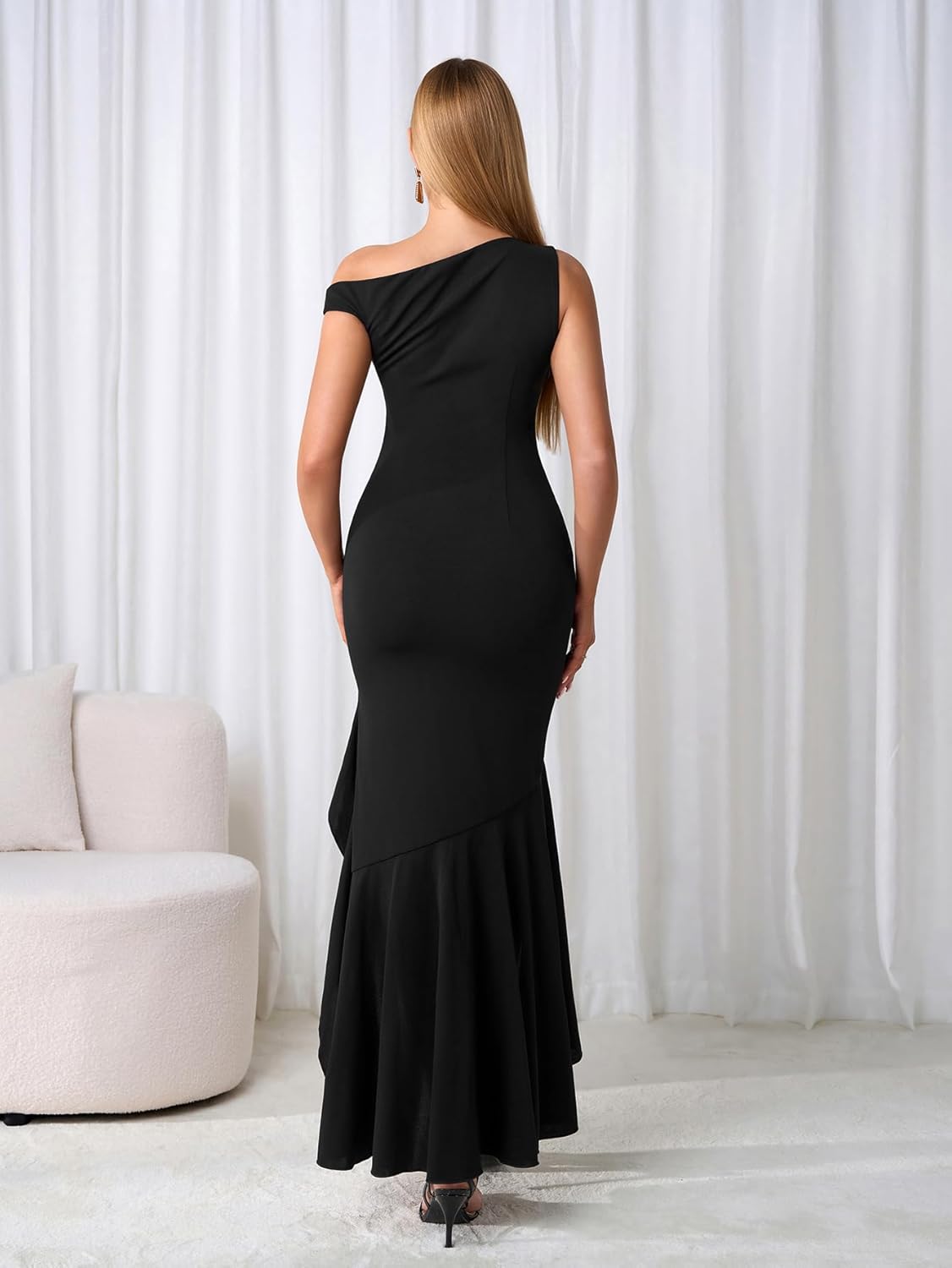 Women Ruffle Bodycon Maxi Dress One Shoulder Slit Long Formal Wedding Guest Cocktail Dresses - Image 5
