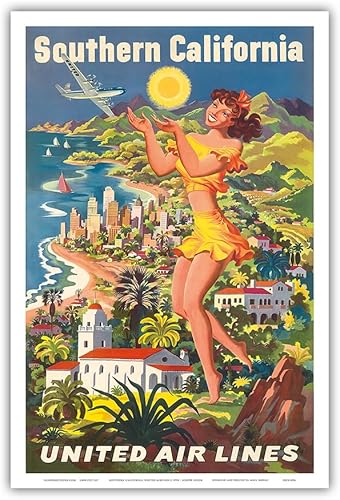 Miniatura 5 de Southern California - United Air Lines - Póster vintage de viaje de aerolínea por Joseph Fehér c.1950 - Impresión artística maestra de 9 x 12