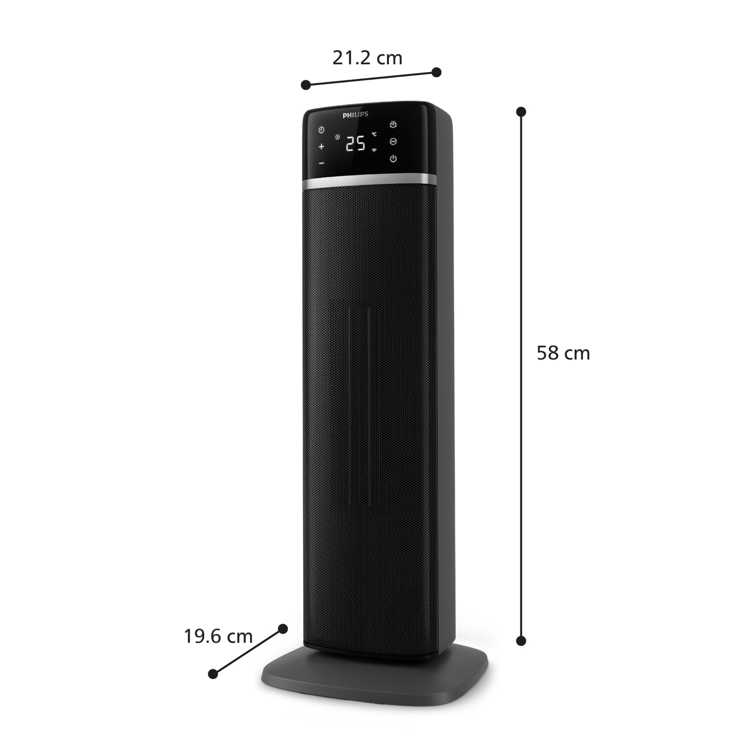 Termoventilatore a torre Philips Serie 5000-2000W, risparmio energetico 50%, display, 5 funzioni sicurezza, 4 modalità, oscillazione 60°, silenzioso, nero/grigio scuro (CX5120/11).