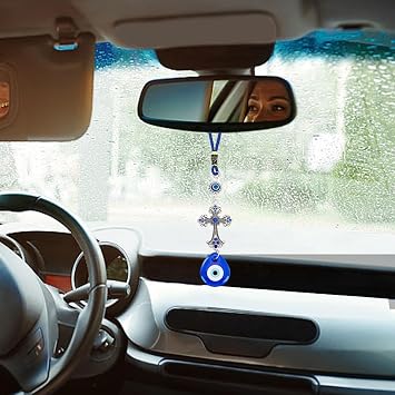 WEBEEDY Evil Eye Car Hanging Ornament Evil Eye Crystal Cross Charm Turkish Blue Evil Eye Protection Charm Rear View Mirror Hanging Accessories Evil Eye Protection Charm for Car Home Decors,24cm/9.45