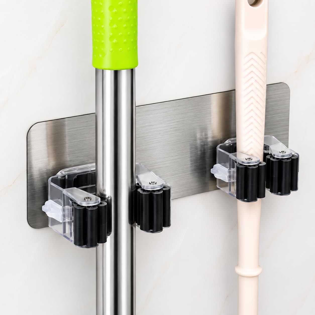 Amazon Brand - Solimo Self Adhesive Wall Mounted Mop & Broom Holder | Heavy Duty Roller Grip, No Drilling Required, Kitchen & Bathroom Use, Garage & Laundry Room, Mop Organiser Hanger-image-49