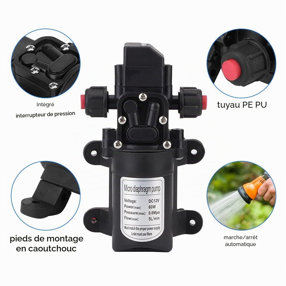 Pompe à Eau 12V avec Démarrage/Arrêt Automatique, Haute Pression, 60W, 5L/min, Auto-amorçante pour Caravane, Bateau, Jardin