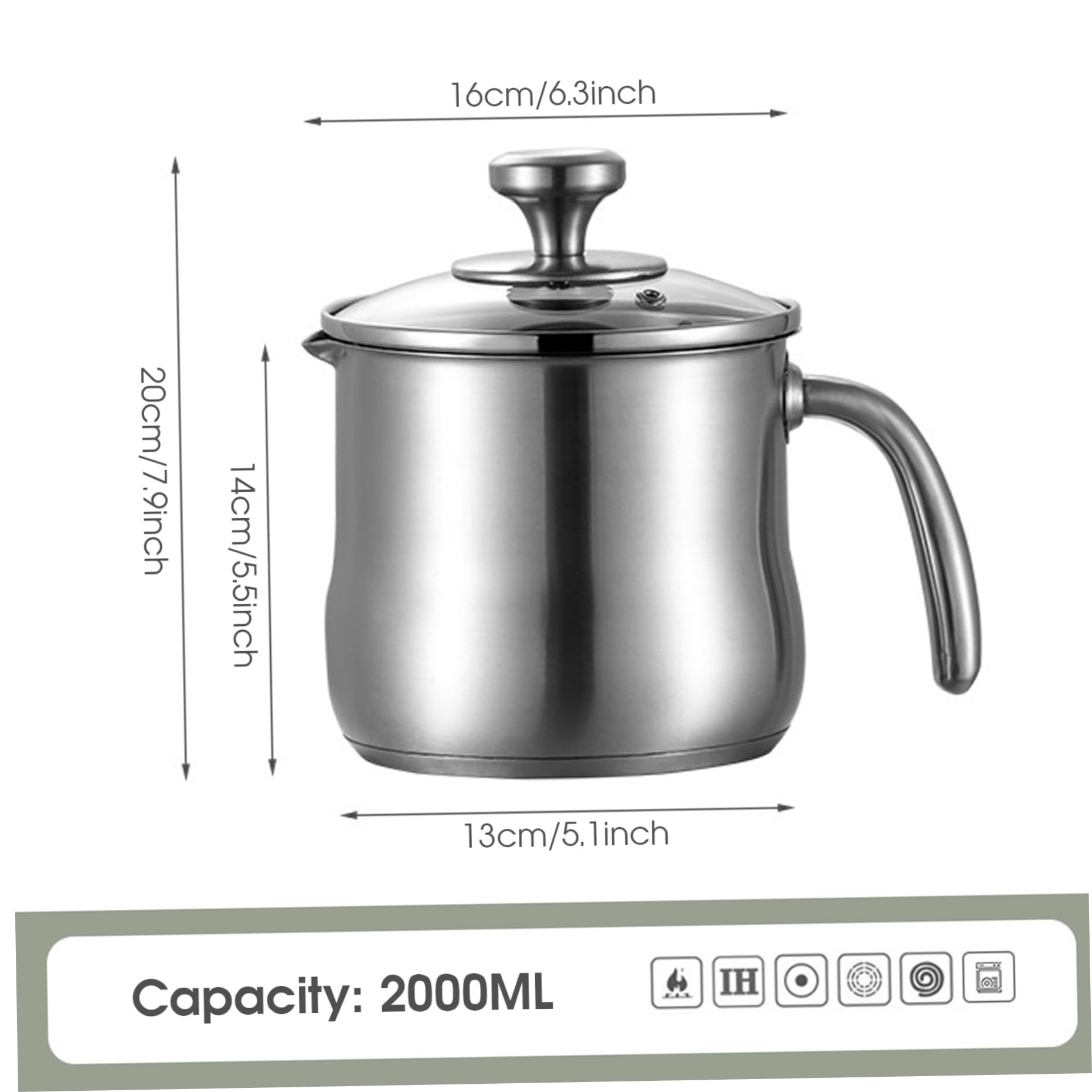 Edelstahl-Topf, 2 l, Milchtopf, Stieltopf mit Ausgießer, Glasdeckel und Griff zum Kochen von Milch, Soße, Soßen, Nudeln, Nudeln, Soßentopf aus Edelstahl