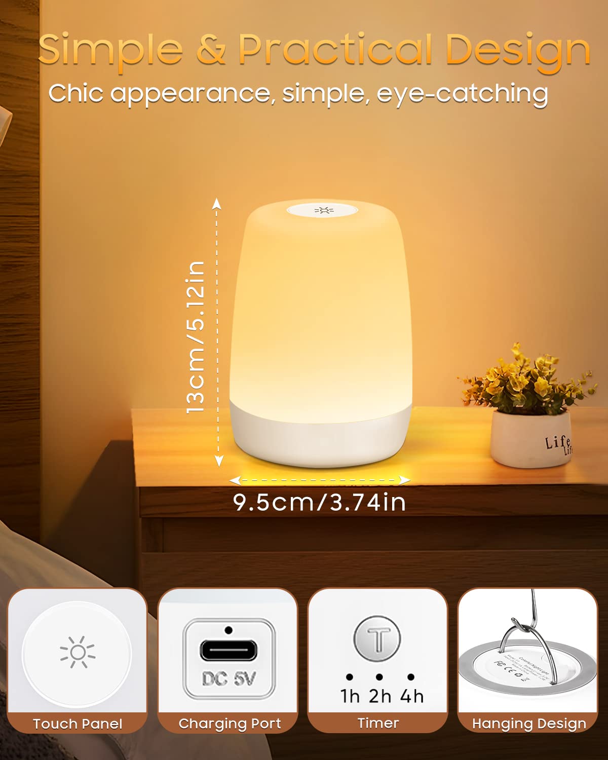 FOMYHEARD Lampada da Notte per Bambini per la Camera, Lampada da Comodino a LED Touch Dimmerabile con Modalità Calda e 256 Cambia Colore, USB Ricaricabile Notturna per Adulti con Timer