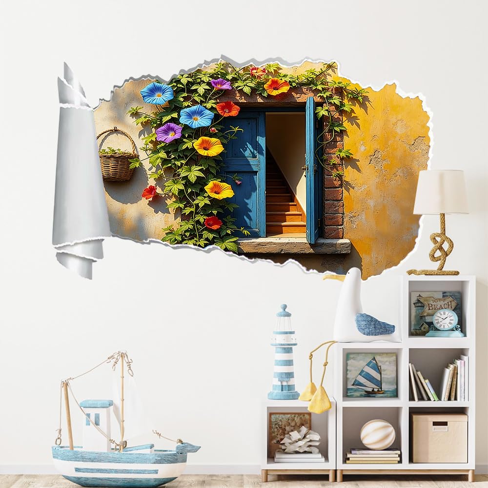 3D Durchbruch Wandtattoo Mädchen Kinderzimmer Prunkwinden Wandaufkleber Dekorative Blaue Tür Wandsticker für Junge Teenager Zimmer Wohnzimmer Schlafzimmer Wandbilder Deko