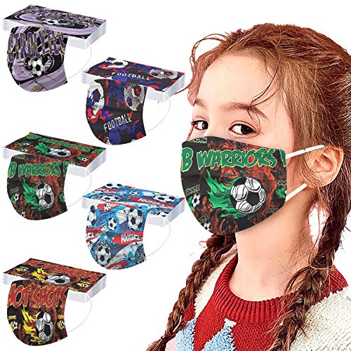 [USA in Stock] Children\'s Soccer Football Printing Disposable Face-Mask,Adjustable Sports Fans Accessories Novelty Gifts, Kids Cute Cartoon Decorative Sports Bandana for Girls Boys 50 PCS