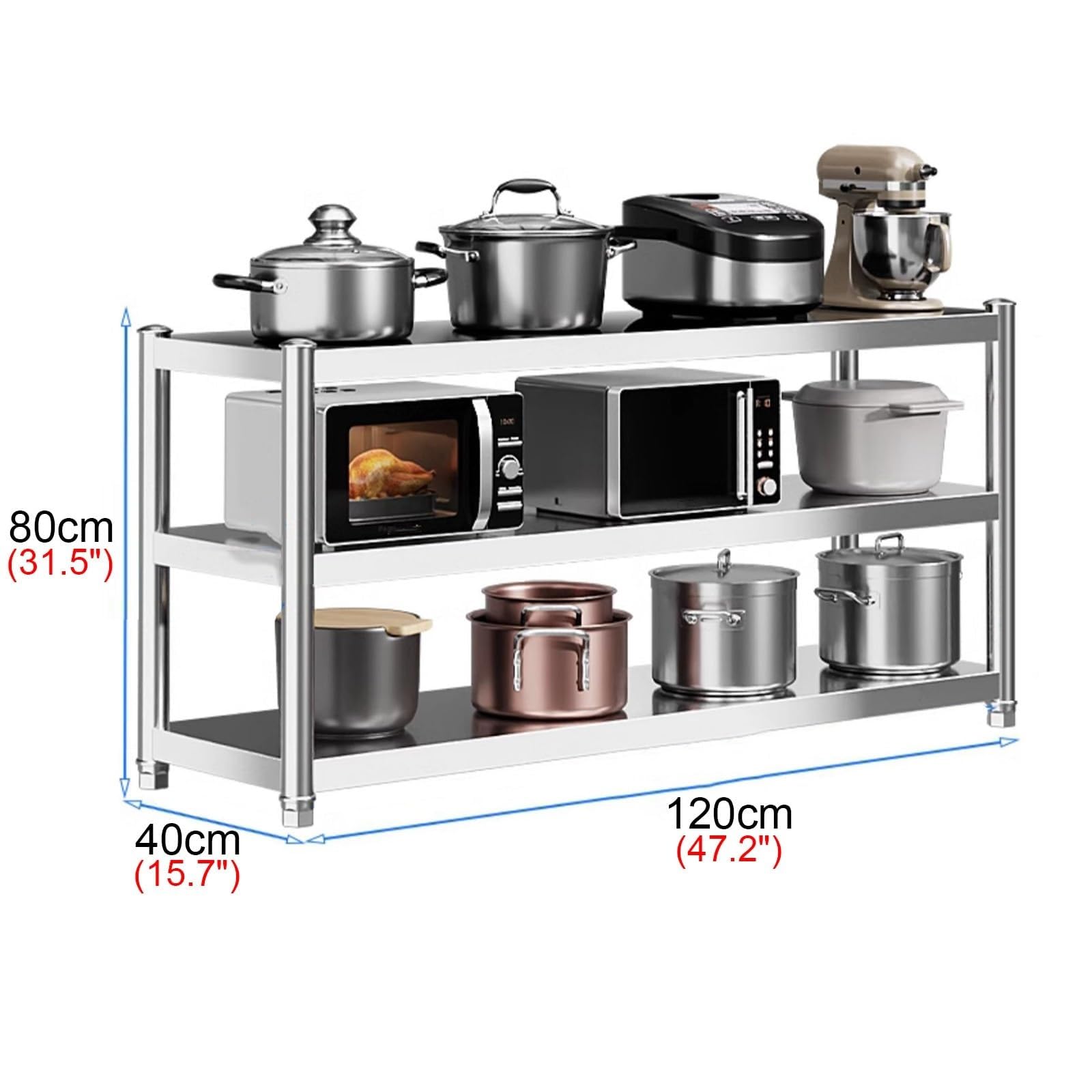 Banco da lavoro in acciaio inox con 3 ripiani, facile da pulire, perfetto per cucina, ristorante e uso industriale