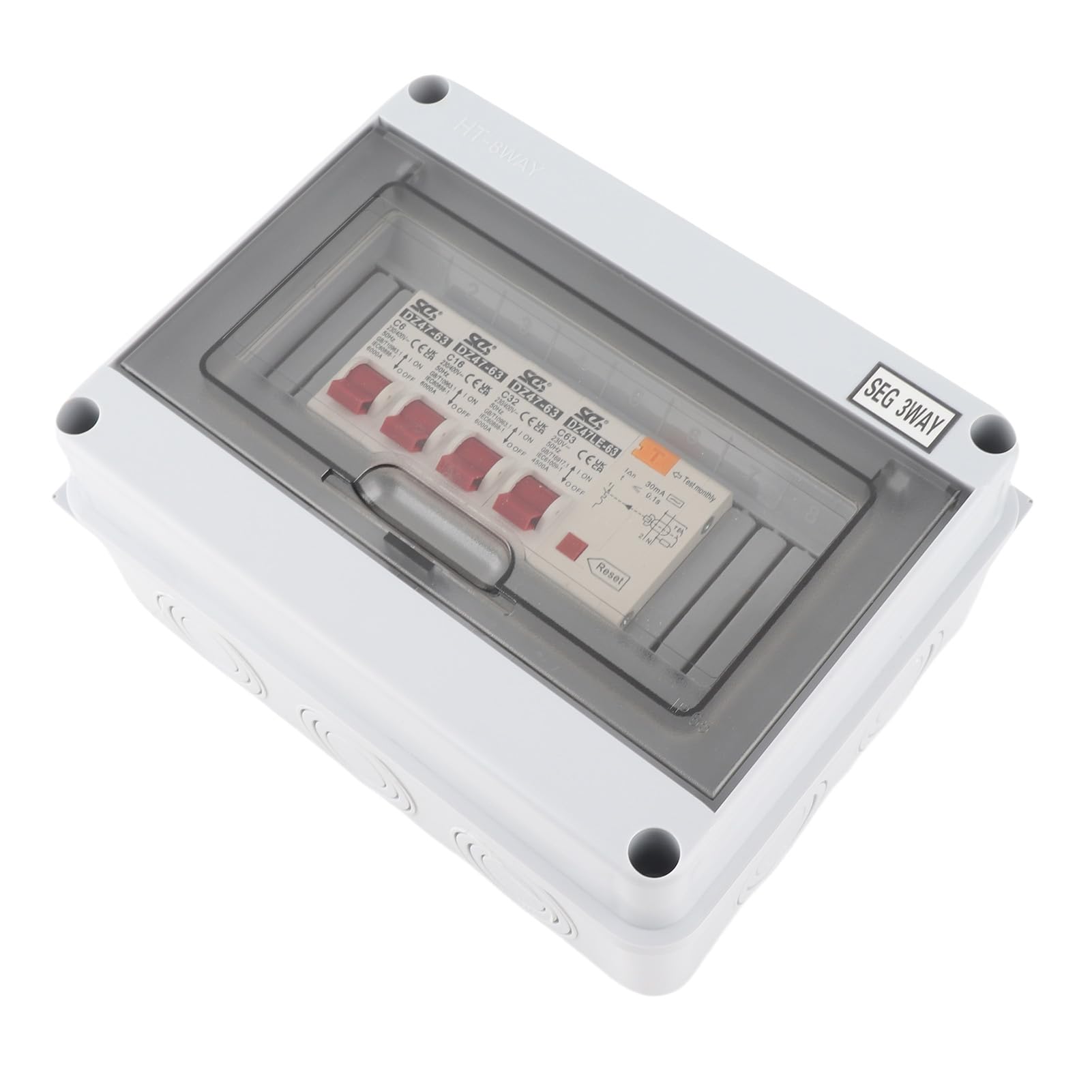 Unidad de Consumidor de Caravana de Garaje de 3 Vías, 63A 30mA RCD + 3MCB (6A+16A+32A) Caja de Fusibles de Alta Capacidad de Rotura para Garajes, Caravanas, Talleres, Dependencias