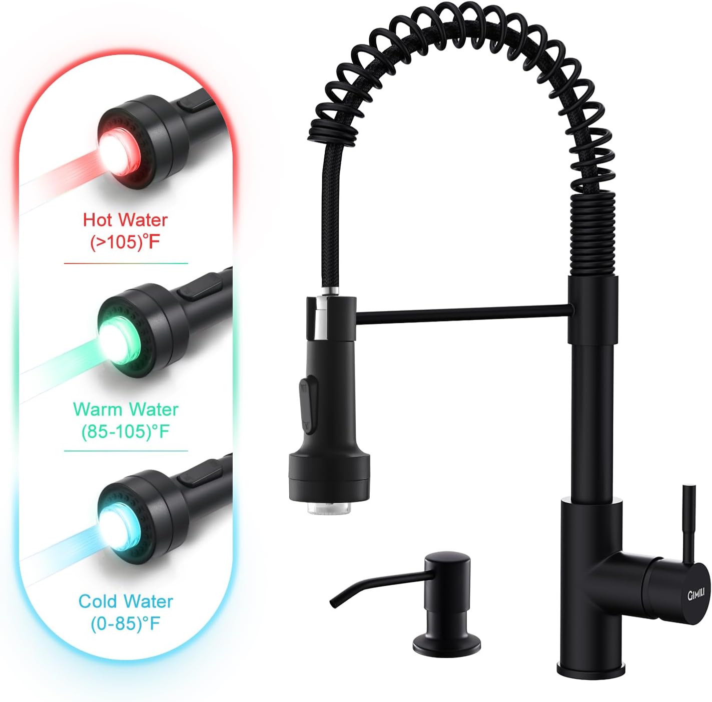 GIMILI Black Kitchen Faucet with Soap Dispenser Single Hole Pull Down Sprayer LED Faucet, Suitable for Farmhouses, RV, Laundry Room, Outdoor, and Campers. Llave para fregadero de cocina