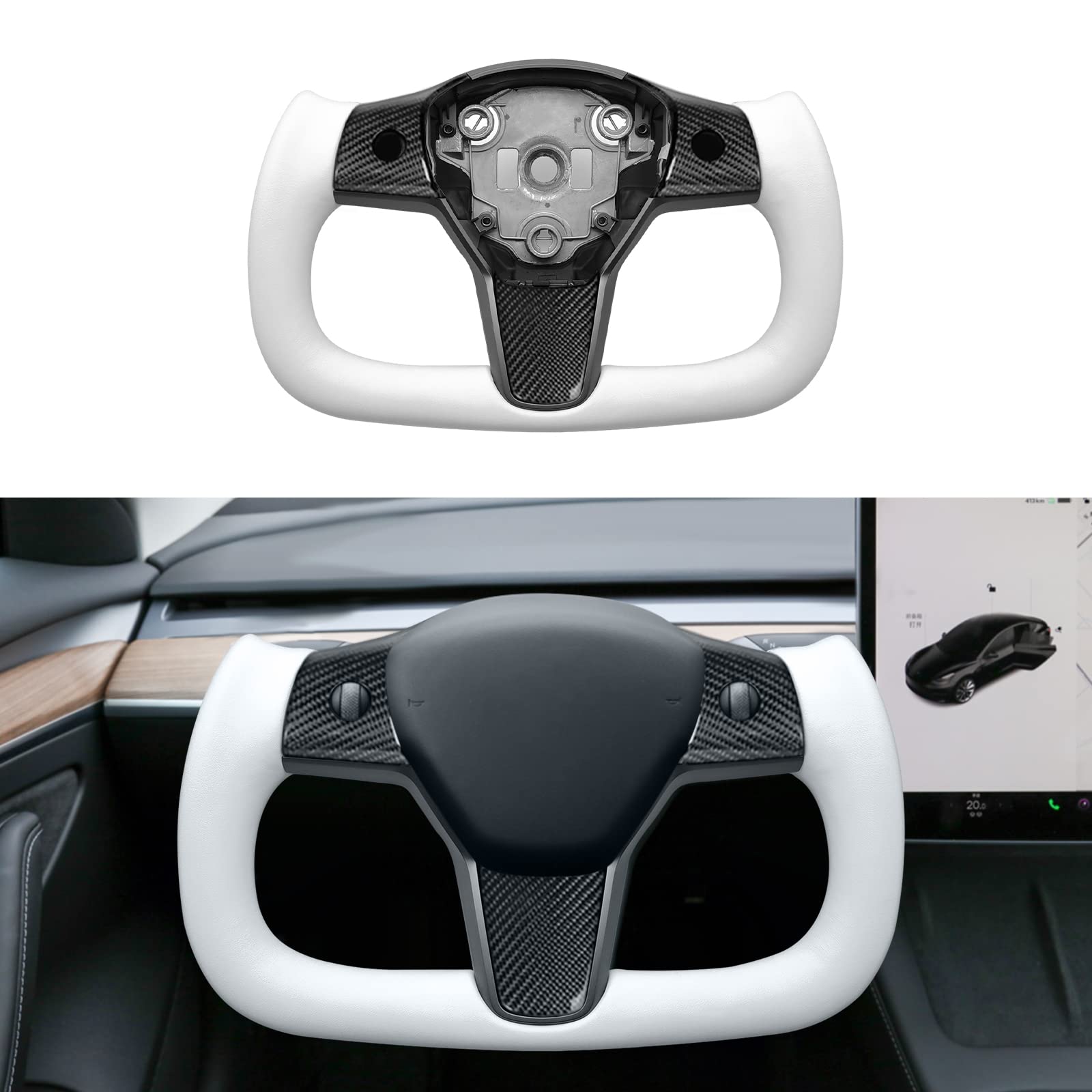 YAMUDA Compatible with Model 3 and Y of all years Modified Carbon Fiber Steering Wheel Aircraft Disc Square White