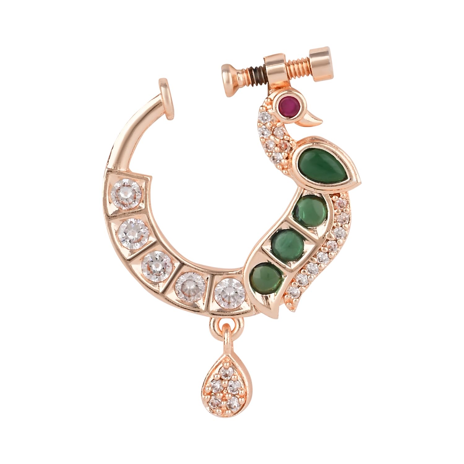 Traditional Peacock Design CZ American Diamond Non-Piercing Screw Press Nose Pin/Nath Clip on For Women