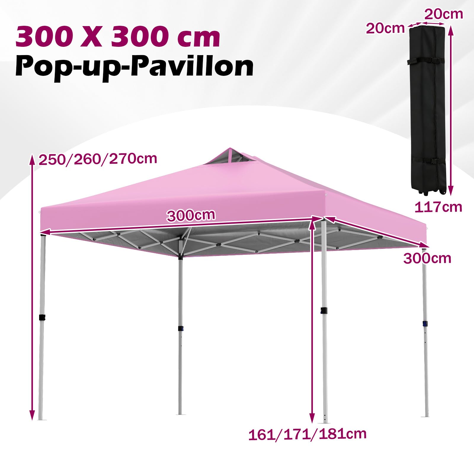 COSTWAY Pavillon 3x3m, Pop-Up Faltpavillon wasserdicht stabil Winterfest, Gartenpavillon mit 4 Sandsäcken, Heringen & Seilen, Partyzelt Sonnenschutz mit Rolltasche für Camping und Picknick (Rosa)