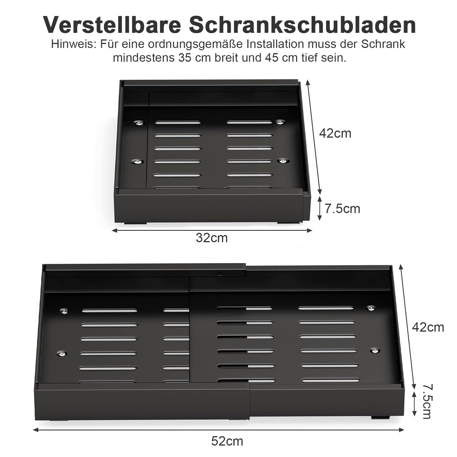 Telescopische lade, uitschuifbare keukenkastladen, verstelbare breedte 32-52 cm, keukenkast organizer, uittrekbare organizer met zelfklevende nanofilm (zwart, 2