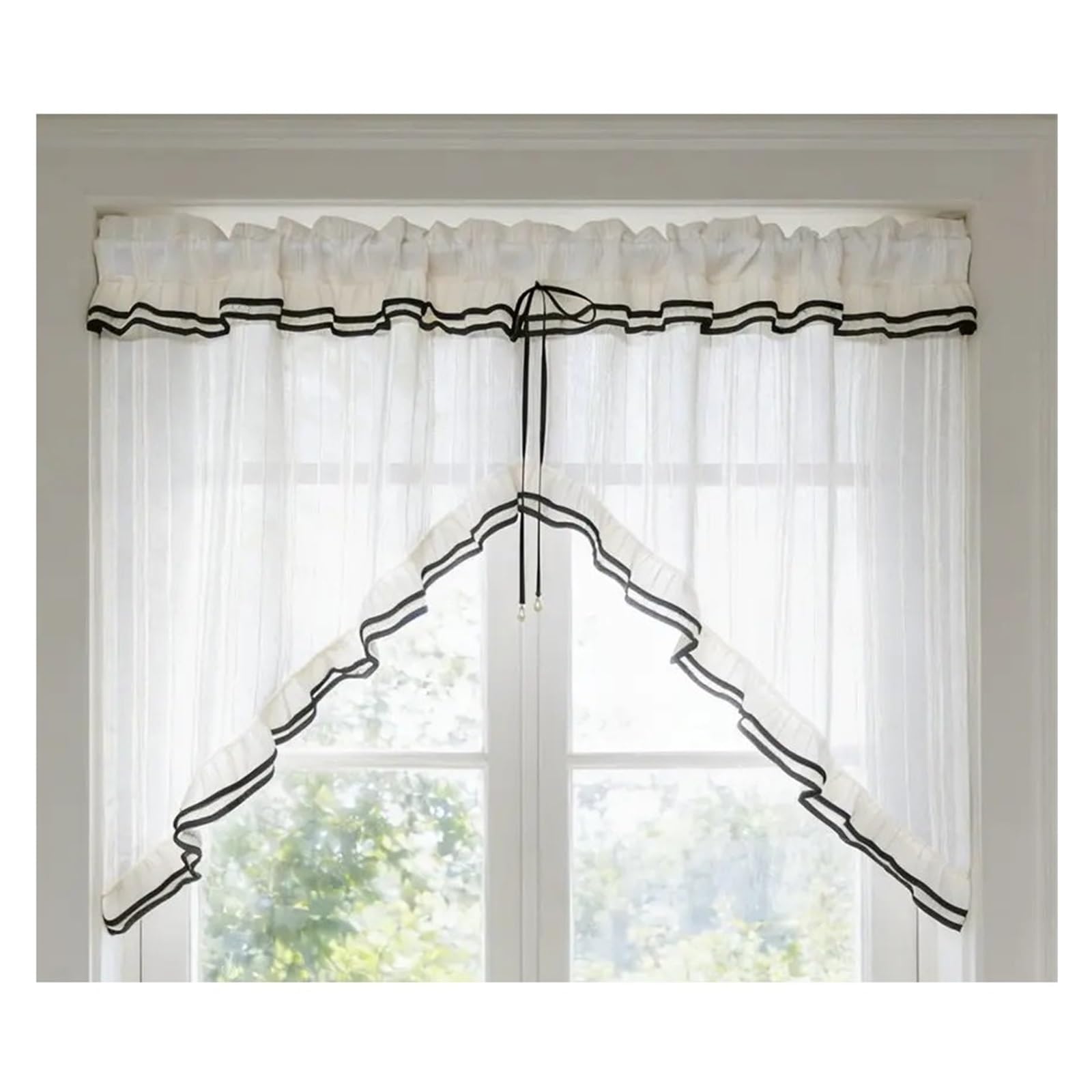 SparklWLeaf Beaded Triangle Curtain Black Lace Beige Triangular Curtains,with A Hand-Tied Bow And Pearl Valance, Kitchen Drapes(1 PANEL_ROD POCKET_1PC W150 X H90CM)
