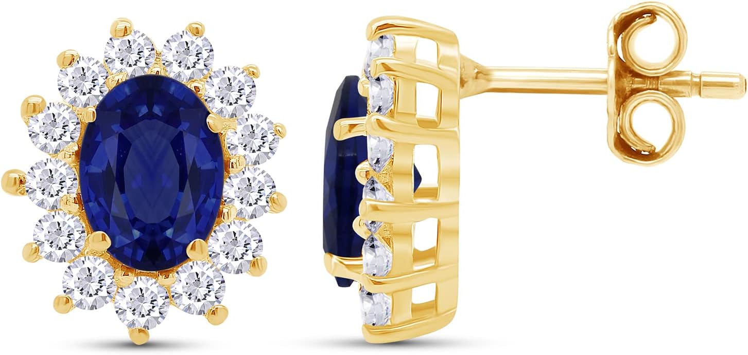 Oval Halo Birthstone Stud Earrings for Women, Simulated Gemstone with White Cubic Zirconia in 14K Gold Plated 925 Sterling Silver with Push Back – Elegant Jewelry Gift for Her