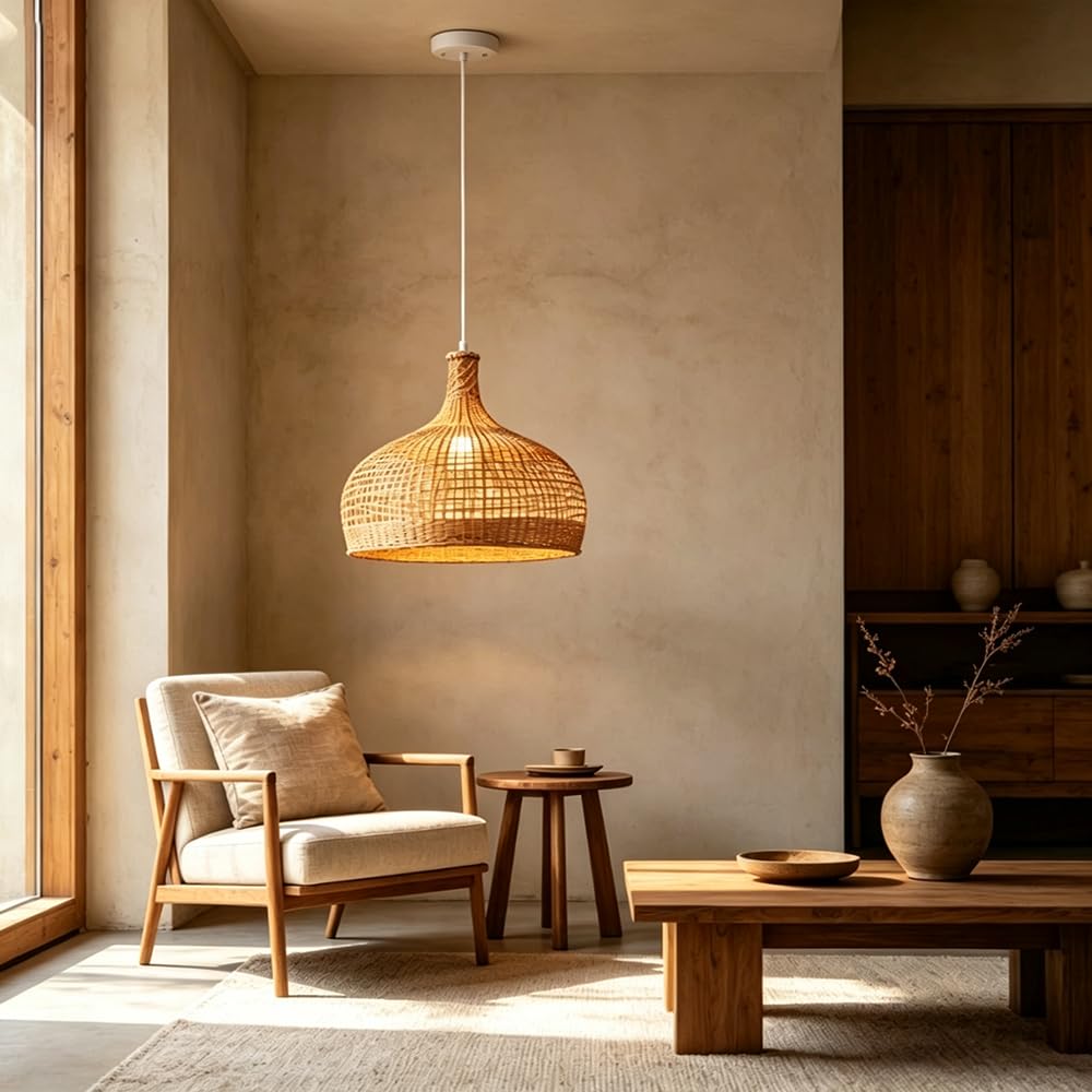 Żyrandol rattanowy Retro Simplicity, 17,7 cala, lampa stołowa do jadalni