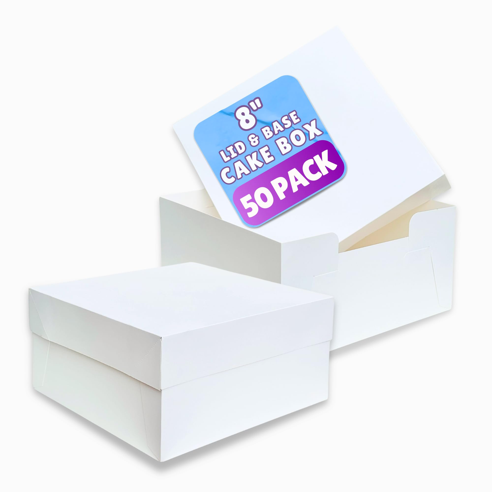PACK N TRADE White 8 Inch Cake Box, Pack of 50 Square Cardboard Cake Boxes with Lids (8 x 8 x 5 Inches), Ideal for Safely Carrying and Transporting Cakes