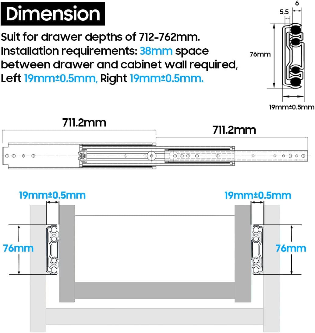 QWEZIX Heavy Duty Drawer Runners Slides 212KG Load Full Extension Side Mounted Ball Bearing Steel Rails 700mm L x 76mm W Smooth Glide for Kitchen Cabinet Garage Tool Box Workshop 1 Pair No Lock - Image 3