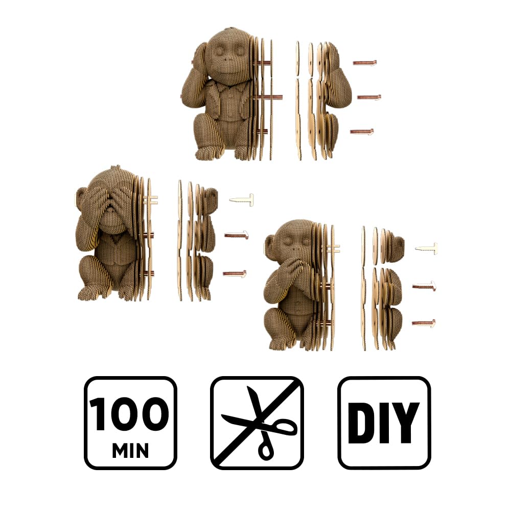 Affen Trio kartonowe puzzle 3D – 3 modele, 280 części, z materiałów pochodzących z recyklingu, rzeźby DIY