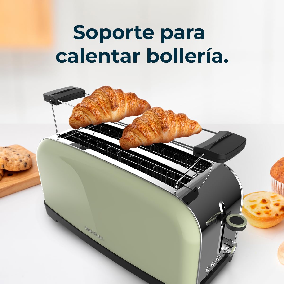 Cecotec Vertikaler Toaster Toastin' time 1500 Green, 1500W, Doppelter langer und breiter Schlitz 3,8 cm, Obere Stäbe, Edelstahl, Automatische Abschaltung und Pop-up-Funktion, Krümelablage