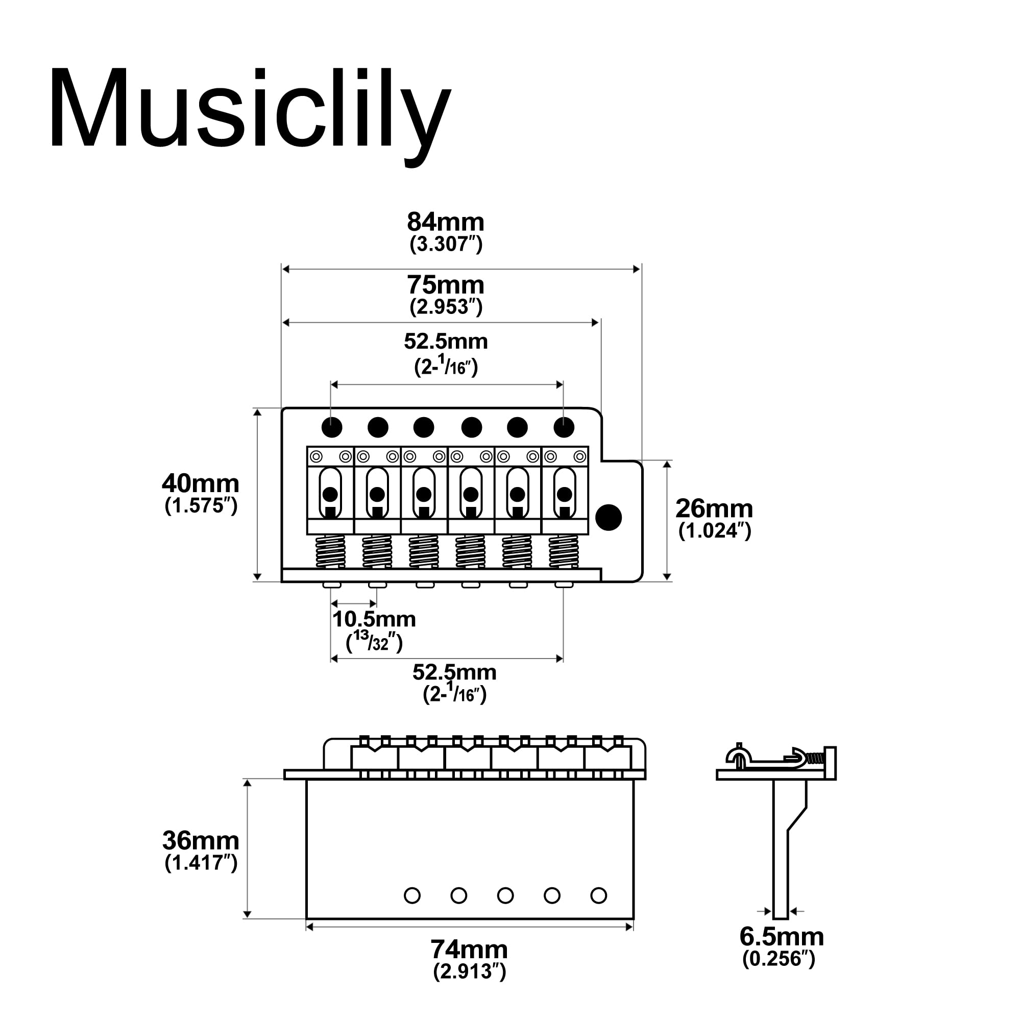 Musiclily Pro 52.5mm Vintage 6-Screw Tremolo Bridge 36mm Short Block for Squier Strat Style Electric Guitar Chrome - Image 2