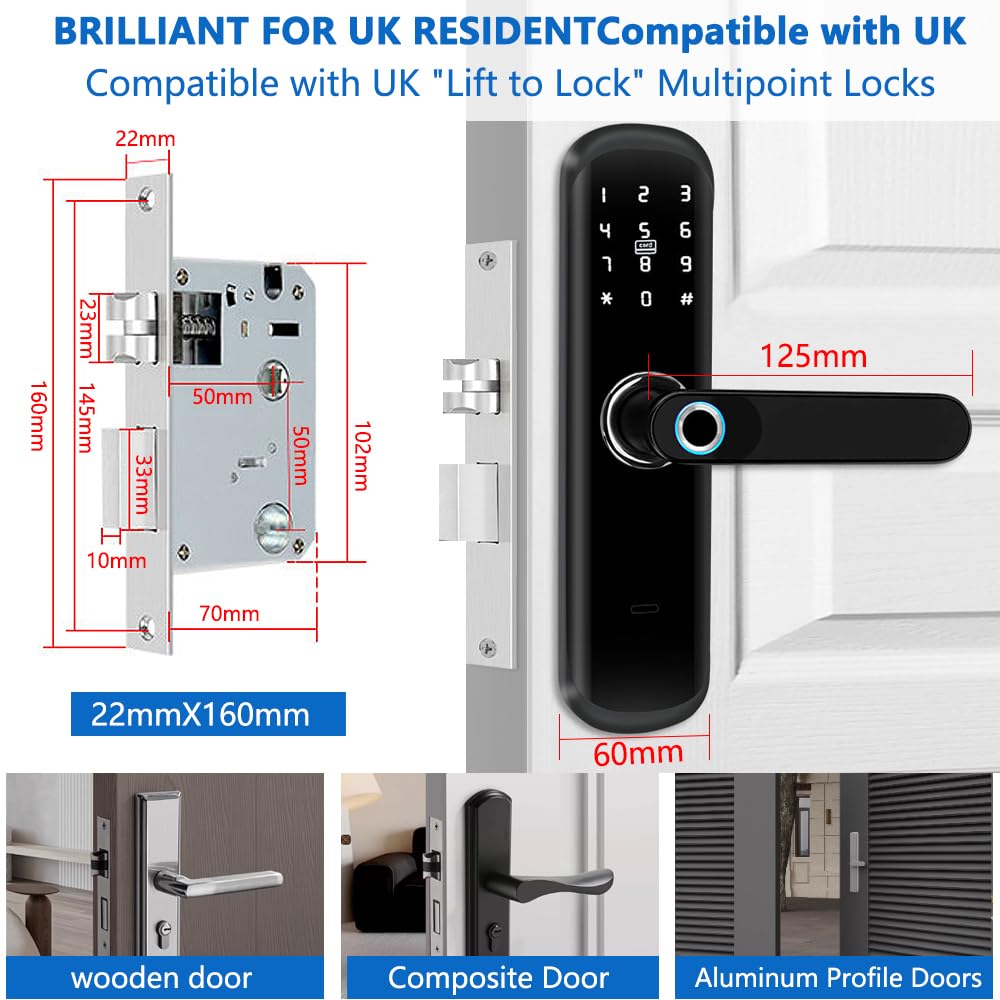 Serrure de porte intelligente avec poignée, serrure électronique biométrique 5 en 1, empreinte digitale, mot de passe, accès par clé de carte à puce, écran tactile, pour la maison, le