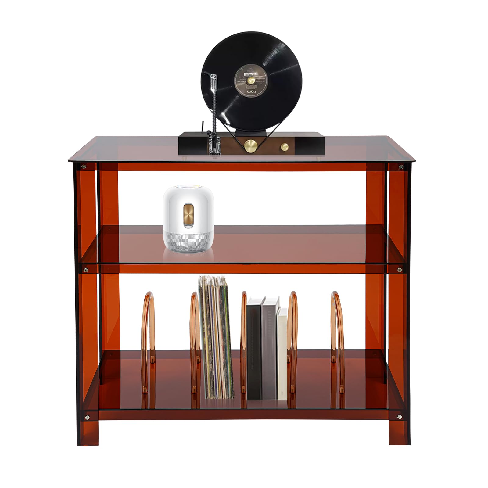 Acryl Plattenspielerständer Schallplatten Regal mit 3 Ablagen, Plattenständer mit Schallplatten Aufbewahrung, Vinyl Regal für Schlafzimmer, Wohnzimmer & Musikzimmer, 80 * 40 * 74 cm (Braun)