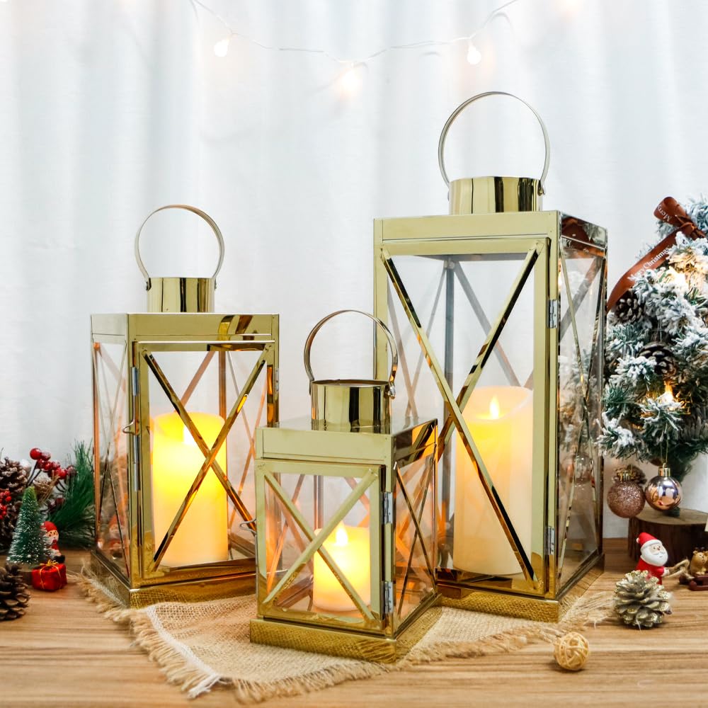 Amazon.com: TRIROCKS Gold Stainless Steel Lantern Set of 3-Square