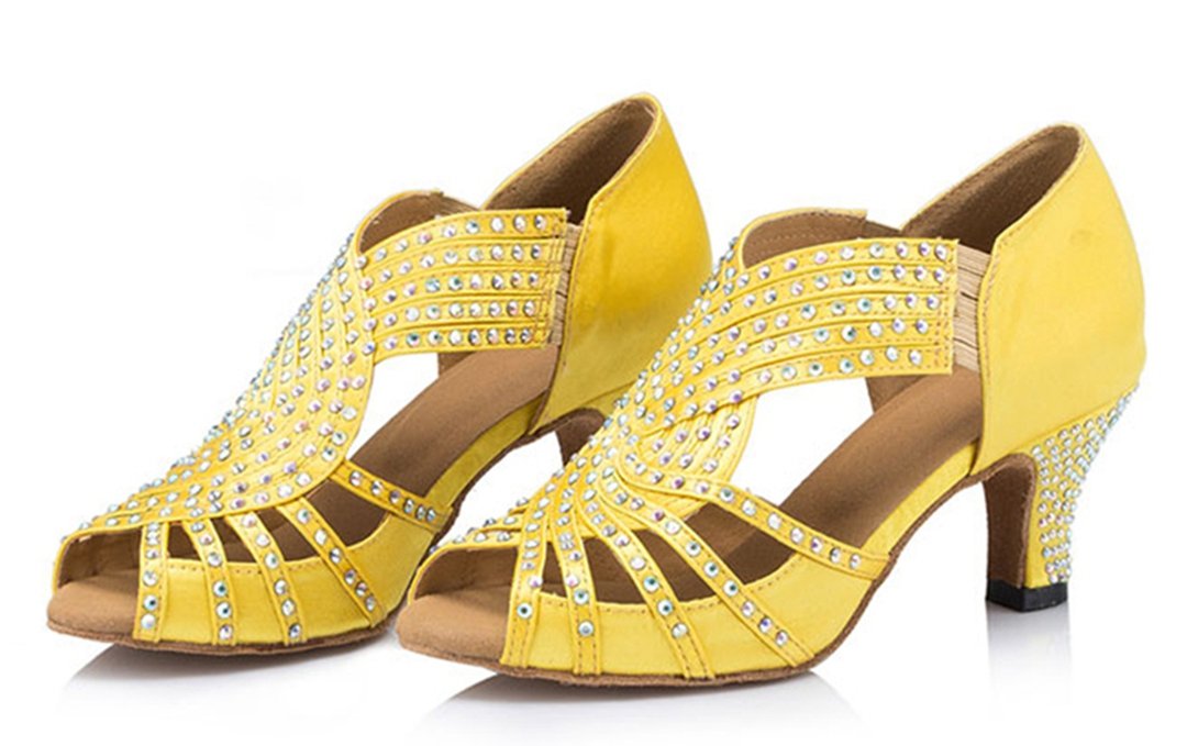 TDA Womens Zipper Mid Heel Yellow Satin Crystals Latin Modern Salsa Tango Ballroom Wedding Dance Shoes 8 M US