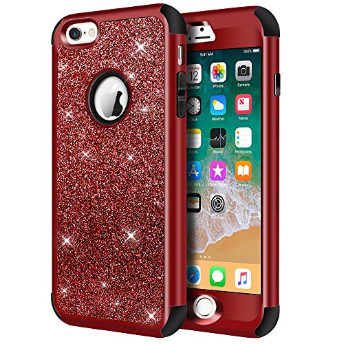 Hython Compatible with iPhone 6/6s Case, Heavy Duty Full-Body Defender Protective Case Bling Glitter Sparkle Hard Shell Hybrid Shockproof Rubber Bumper Cover for iPhone 6 and 6s 4.7-Inch, Red