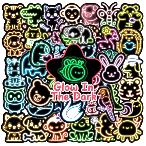 50 Pcs Glow in The Dark Neon Animals Stickers for Water Bottle Waterproof Vinyl Cartoon Animals Laptop Decals Phone Case Luggage Scrapbook Mug Decorations