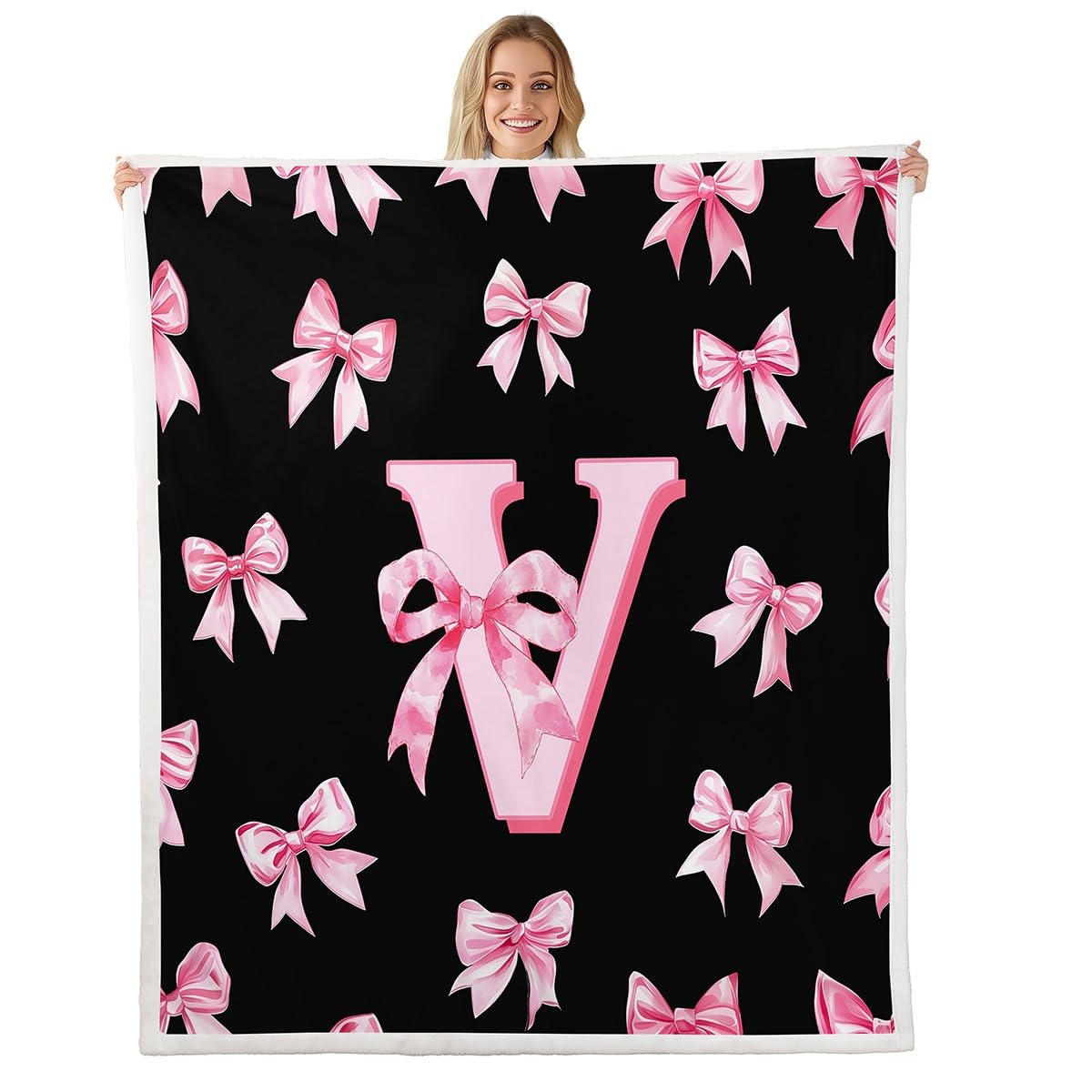 Erosebridal Cute Coquette Bow Fuzzy Plush Throw Pink Bow Fleece Blanket 40"X50" for Kids Girls Teen,Initial Letter V Sherpa Blanket Personalized