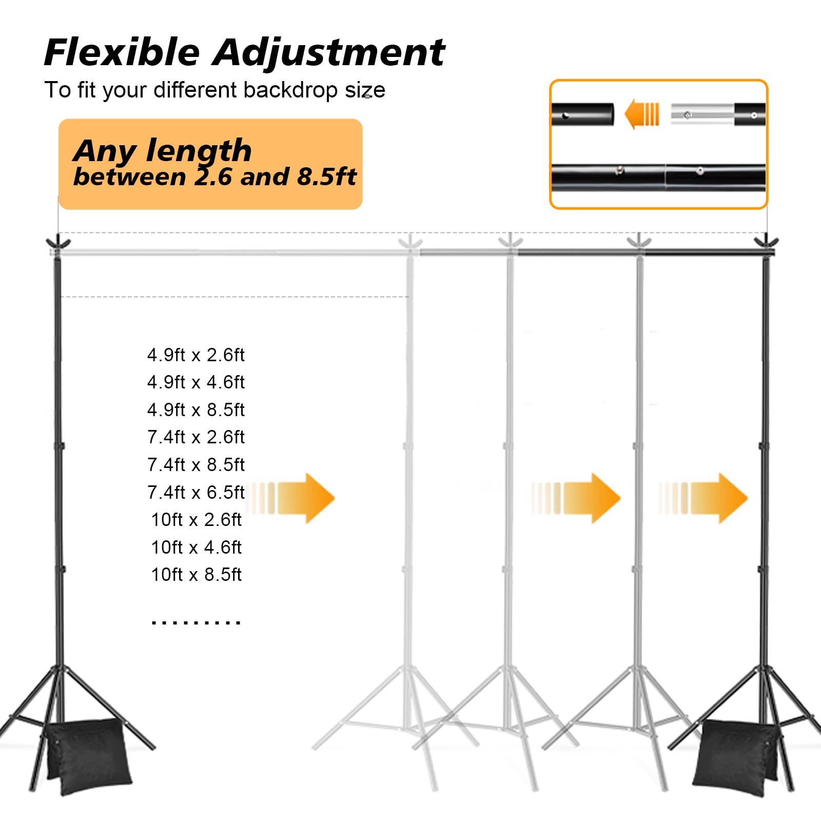 Support de Fond Réglable 2.6m*3 m avec 4 Barres transversales, 4 Clip Fort,2 Sacs Noirs,et 1 Sac de Transport pour Photographie Portrait & Studio, Diffusion en Direct, Mariage