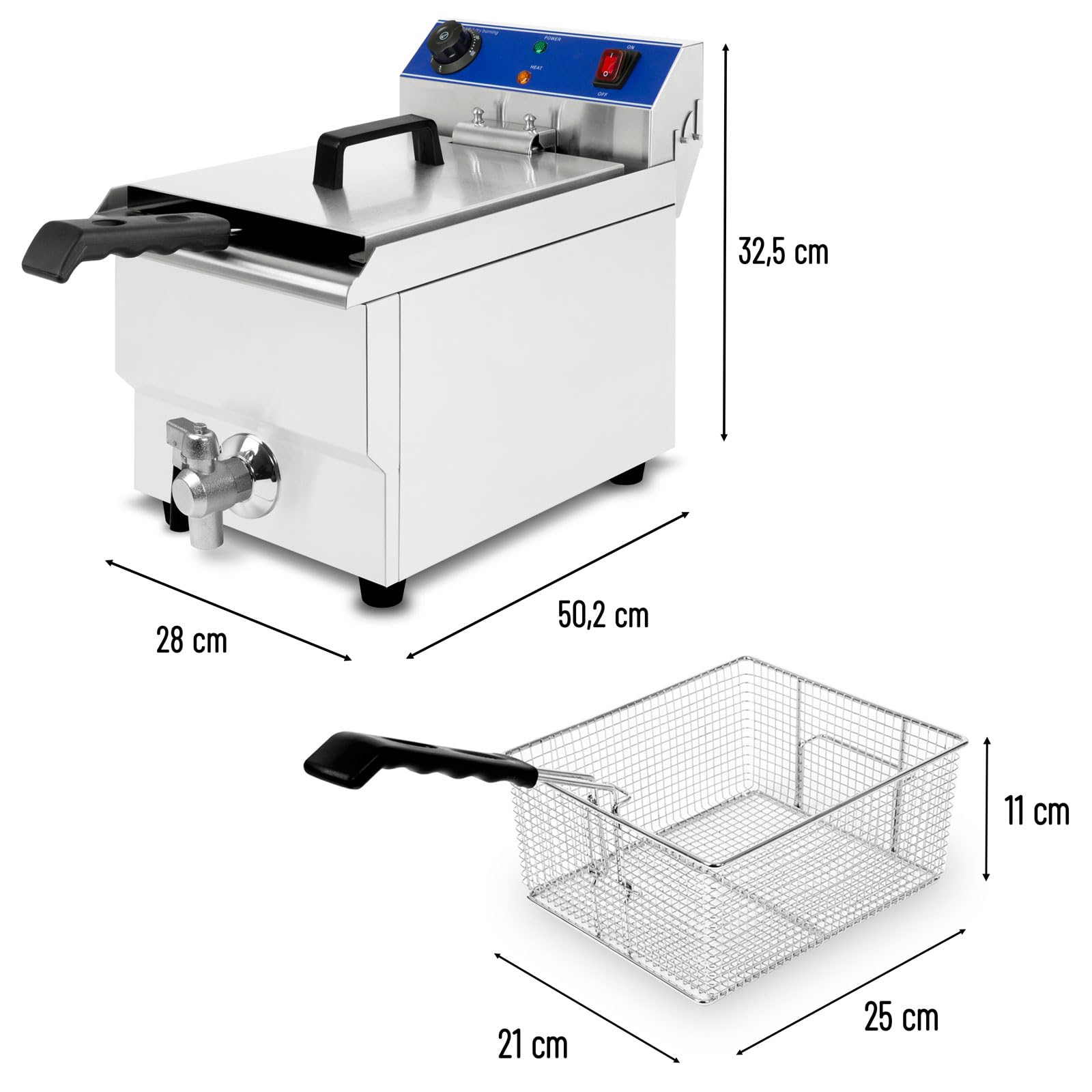 VERTES Friggitrice in acciaio inox 10L, 3000W, 230V, principio della zona fredda, temperatura regolabile in continuo 50-250°C, rubinetto di scarico, cestello per frittura, pulsante di reset, a olio