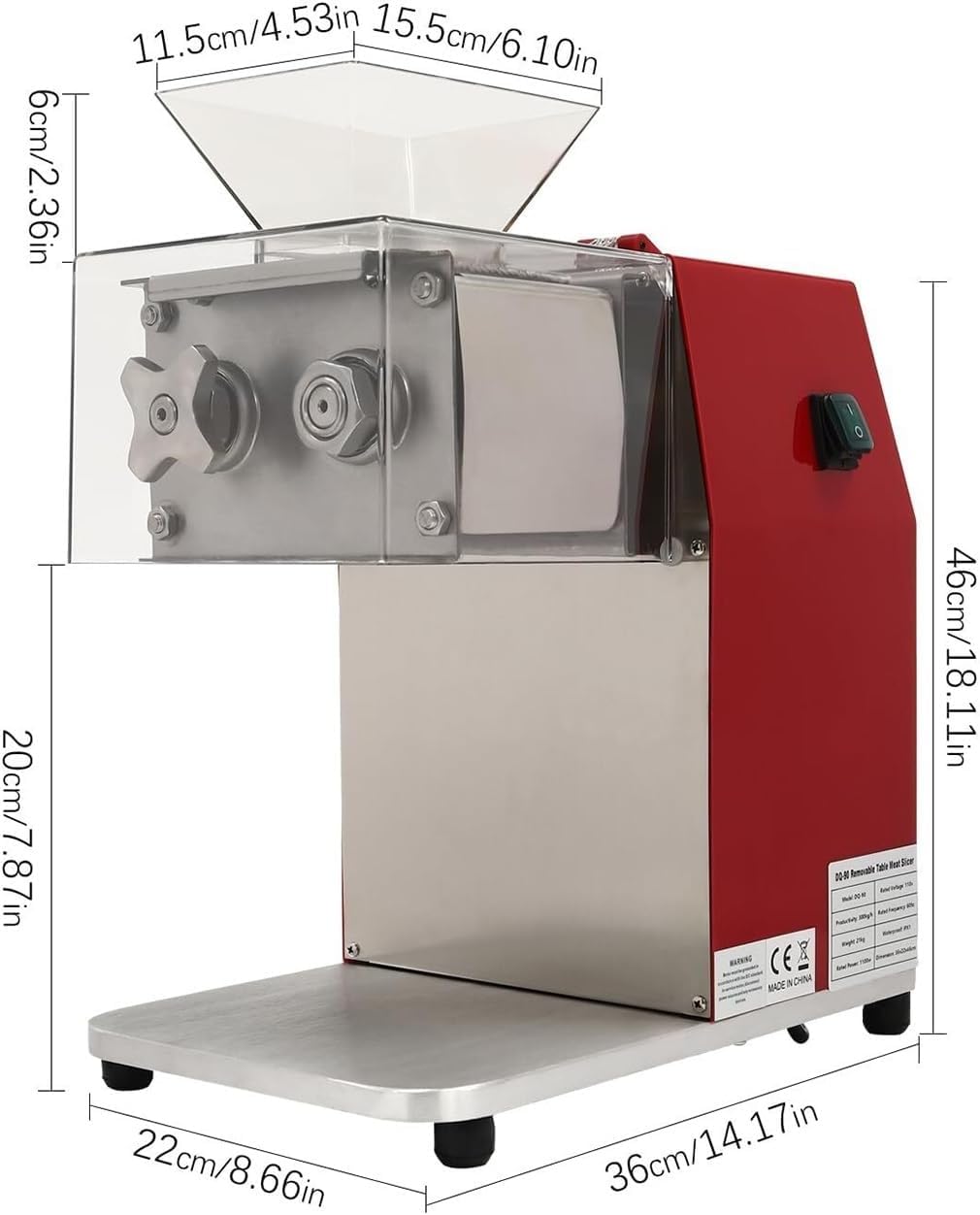 Cortadora de carne eléctrica comercial de 1100 W, con cubierta transparente y cuchillas desmontables, distancia entre cuchillas de 3,5 mm, para supermercados.