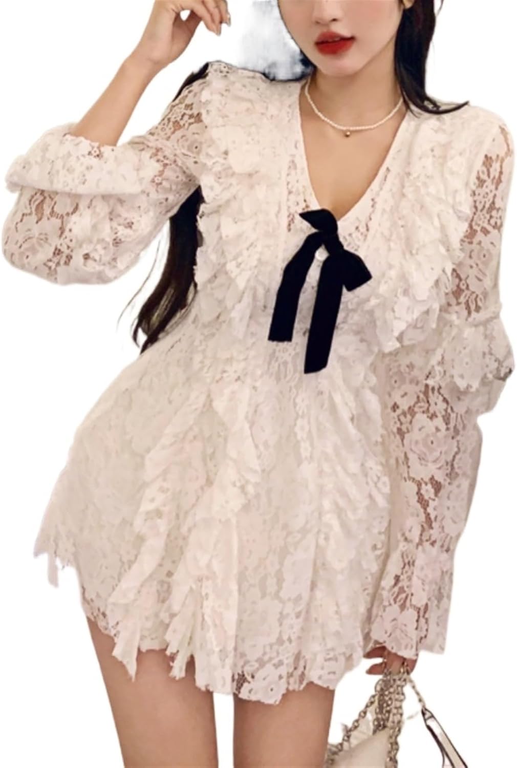 Elegant Fairy Dress Women Japanese Sweet Princess Lace Party Dress Beach Evening Y2k Mini Dress (Color : White, Size : X-Large)