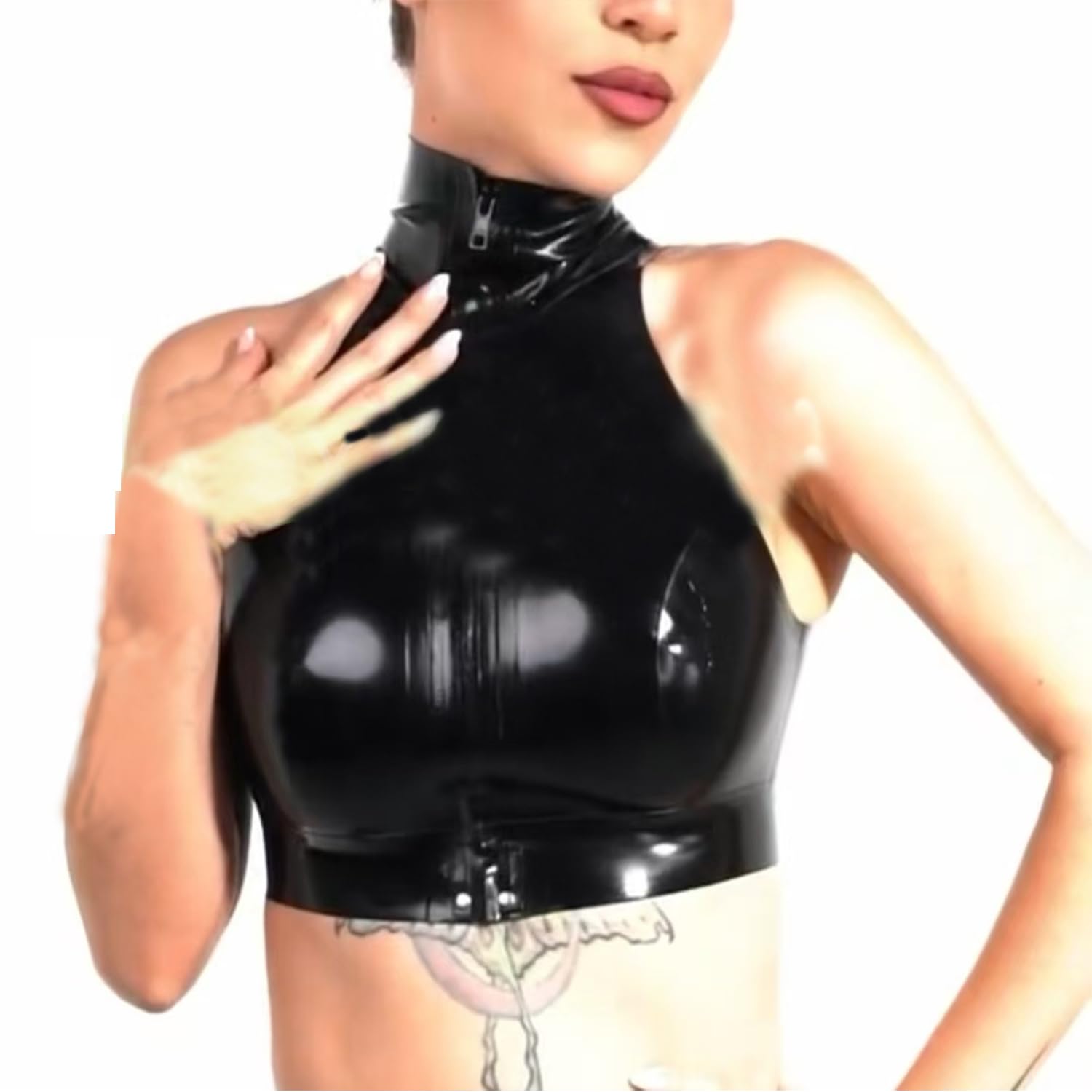 Moda Negro Chaleco Cuello Alto Látex Hecho con Cremallera Frontal,Látex Camisola Mujer,Adecuado Disfraces Cosplay
