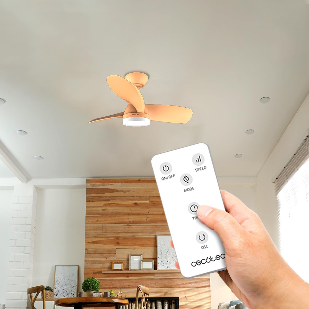 Cecotec - Ventilatore da Soffitto con luce EnergySilence Aero 3050 Orange, 35 W, motore DC, diametro 92 cm con luce LED, telecomando, timer, 6 velocità e 3 lame