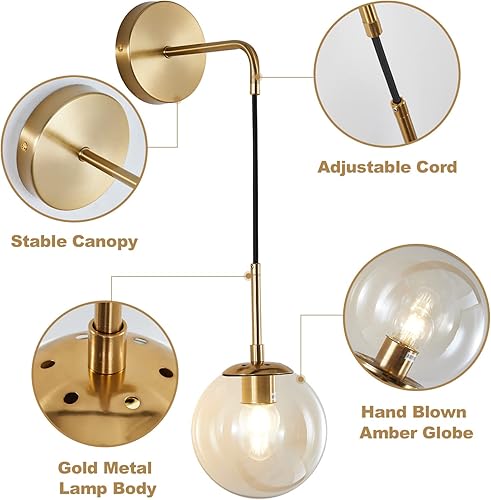 Miniatura 10 de KCO Lighting - Lámpara de pared moderna de globo de cristal minimalista dorado para montar en la pared con cable ajustable, lámpara de pared redonda