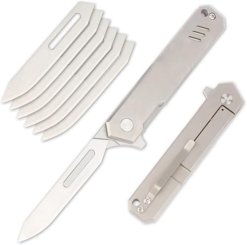 T37 - Cuchillo de bisturí plegable de titanio, 6 cuchillas 440C #60, cuchillos compactos delgados para caballero reemplazables EDC con clip de