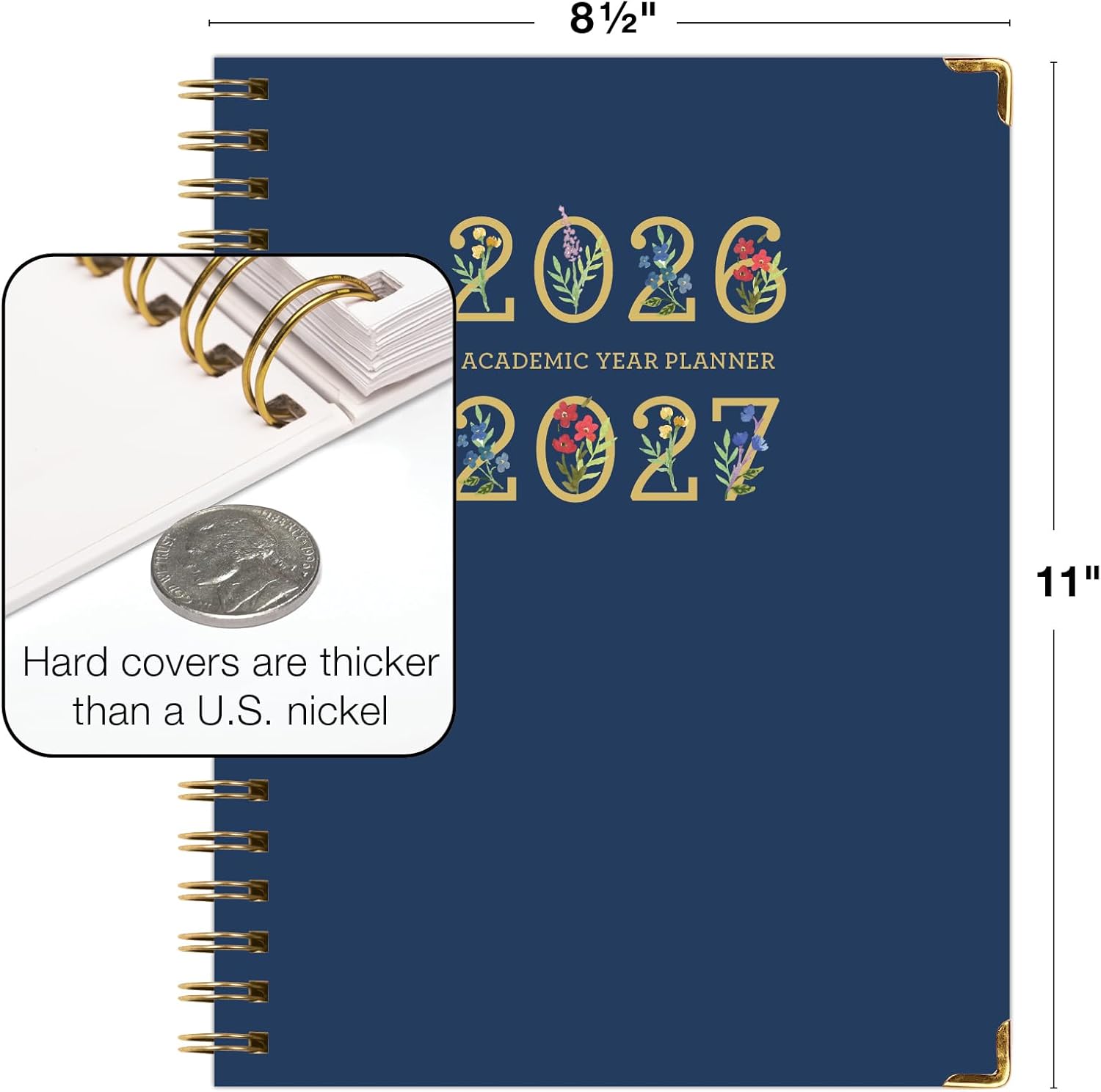 HARDCOVER Academic Year 2026-2027 Planner: 14 Months (May 2026 Through June 2027) 8.5"x 11" Daily Weekly Monthly Planner Yearly Agenda. Bookmark, Pocket Folder and Sticky Note Set (Navy Gold Numbers)
