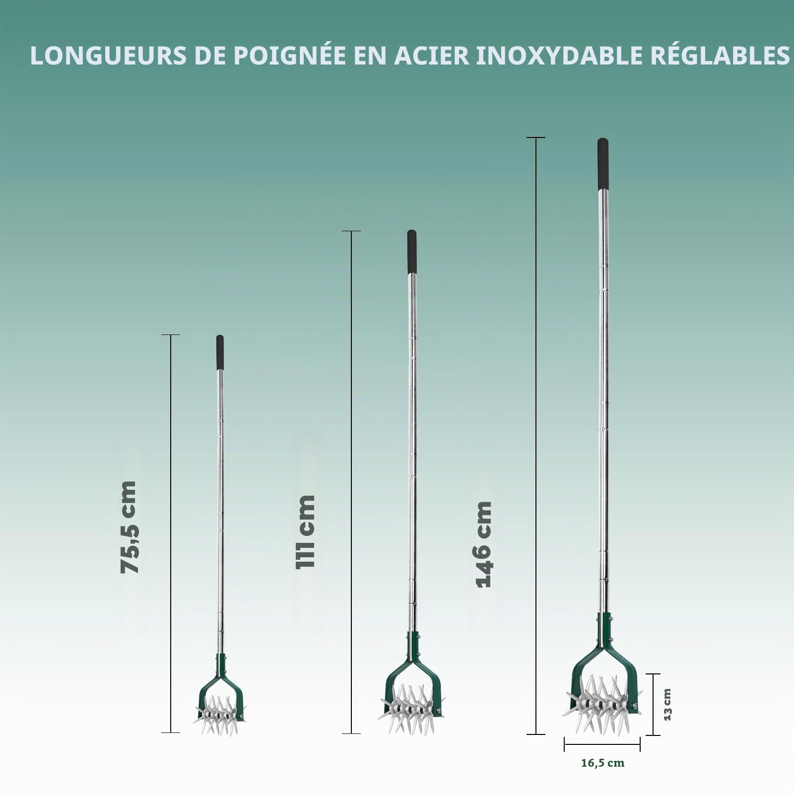 YEELOR Motoculteur de jardin avec manche réglable en acier inoxydable, motoculteur rotatif fin pour le relâchement du sol dans les petits jardins, l'aération de la pelouse, le mélange d'engrais et la
